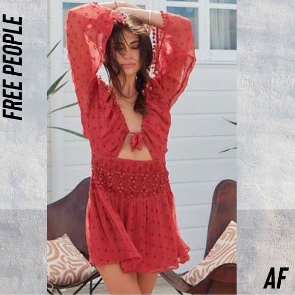 FREE PEOPLE DELLA SOLE MINI DRESS IN RED ROUGE NWT SMALL - Picture 7 of 9